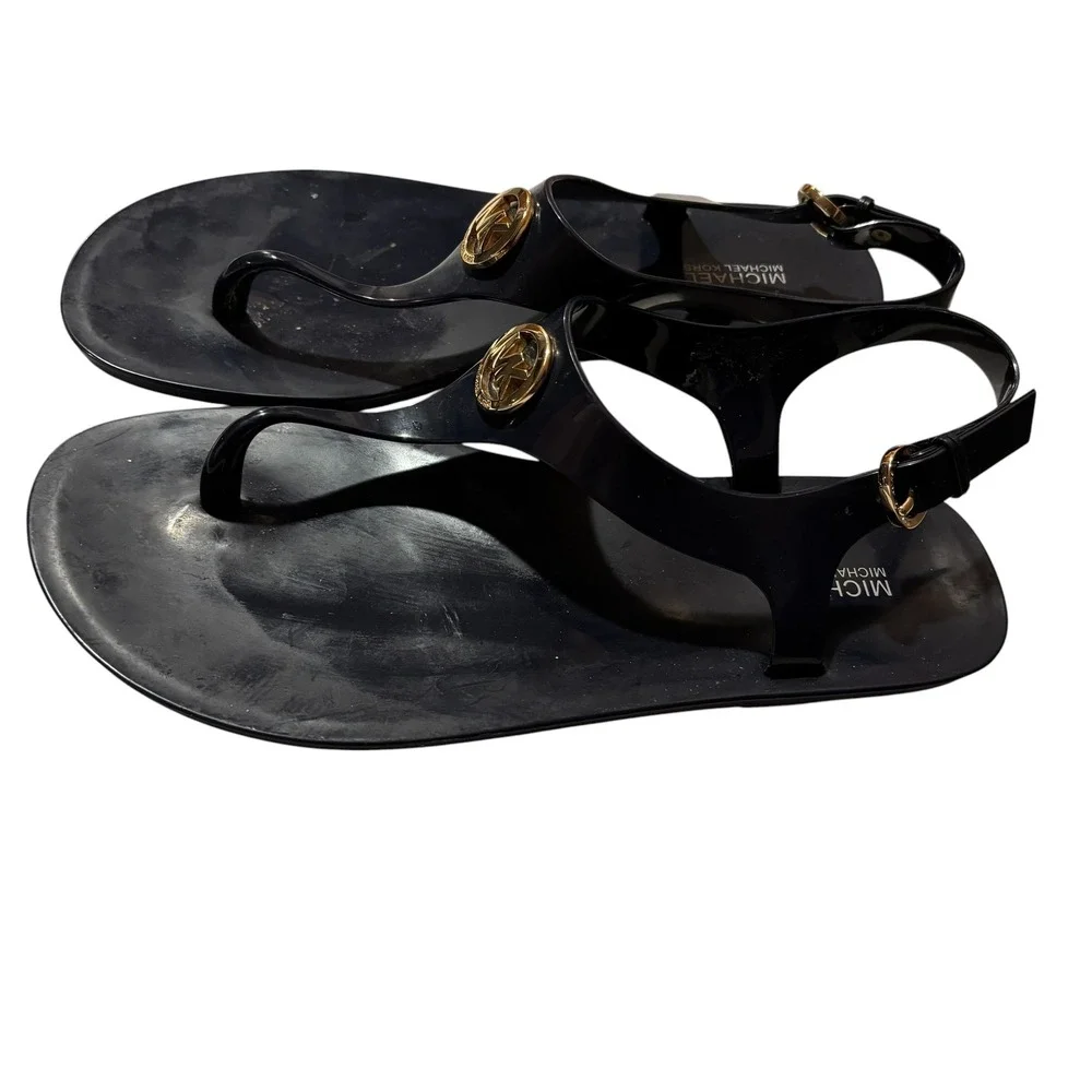 Michael Kors Navy Blue Jelly Sandals MK Logo Gold Medallion Slingback Flats 8M